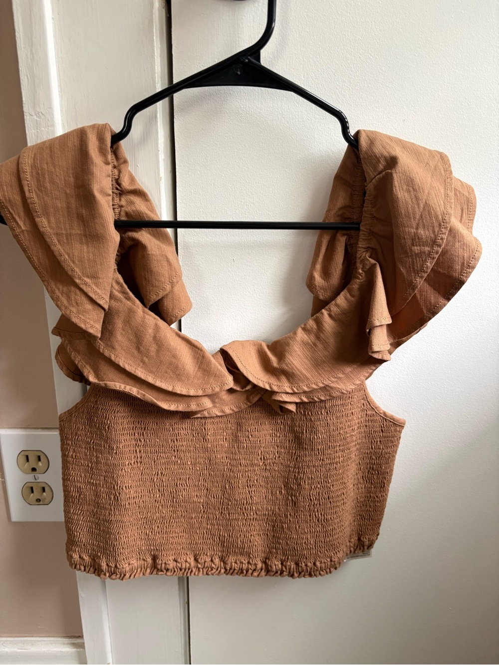 Anthropologie Ruffled Smocked Crop Top in Rust Brown